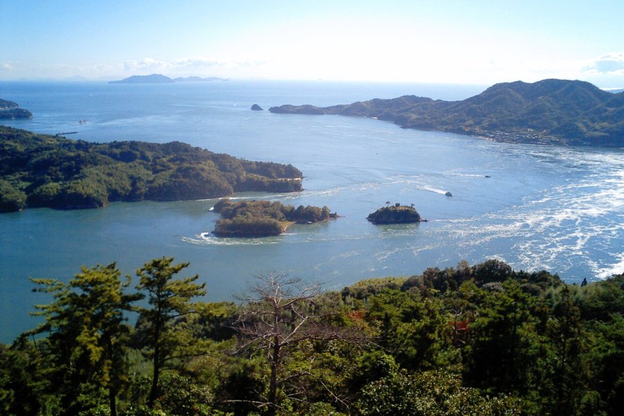 カレイ山展望台から望むと、鵜島と能島、そして一番小さな鯛崎島の狭い海路を、激しい潮流が流れていることが分かる。