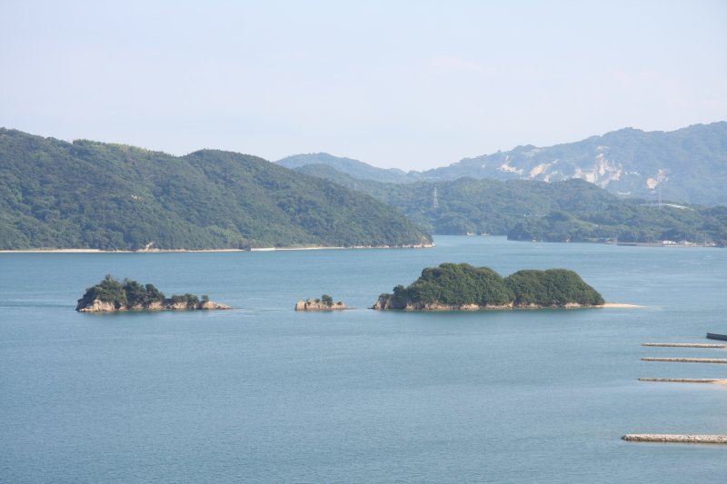 大三島の陸地部から約160mほどの距離にある大小3つの島からなる古城島は、東西約300mで南北約80mの規模を誇る城跡。