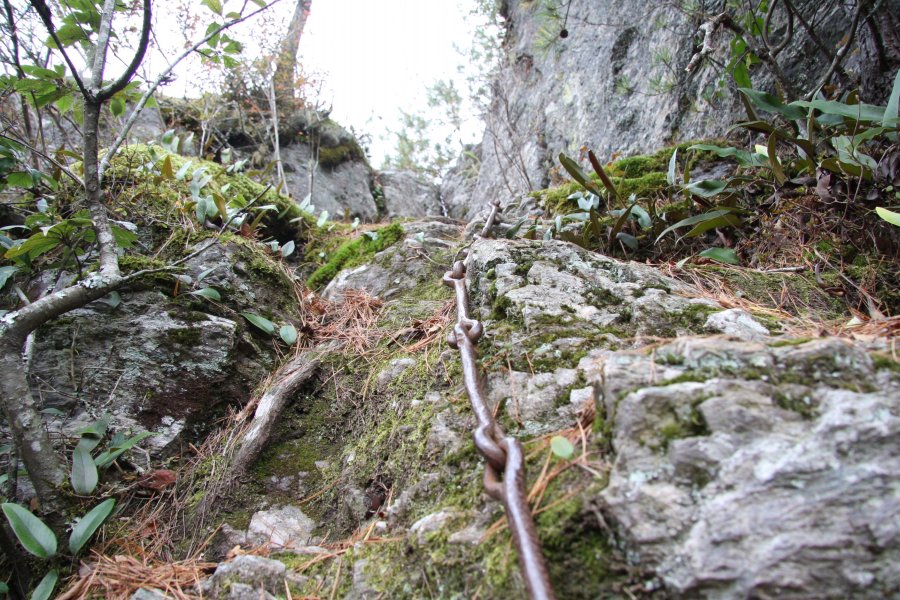 石鎚山同様、急斜面に鎖を設備するところまで再現されており、石鎚山さながらの登山が体験できる。