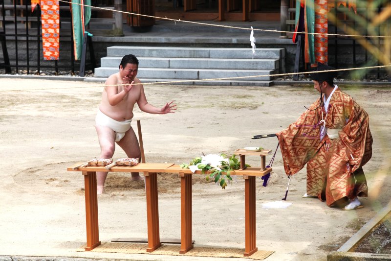 全国的に珍しい「一人角力(ひとりずもう)」は、稲の精霊との力比べである。
