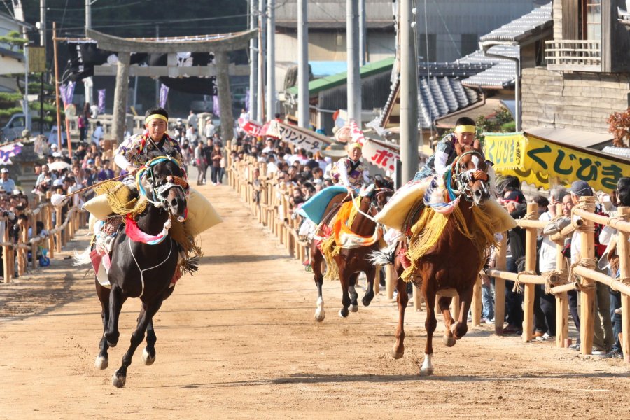 愛媛県無形民俗文化財に指定されている伝統ある「お供馬の走り込み」は実に勇壮華麗。