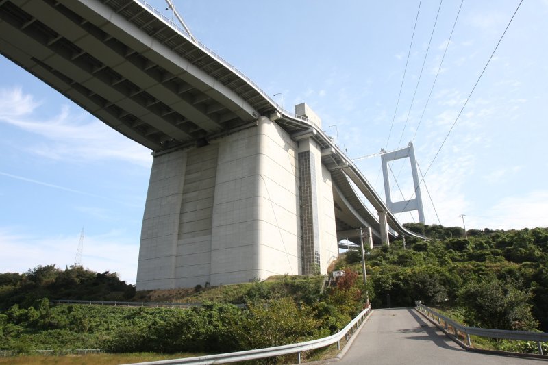 来島海峡大橋から馬島へ降りるエレベーターはシースルーになっており、橋脚の造形美と潮流の展望を楽しめる。