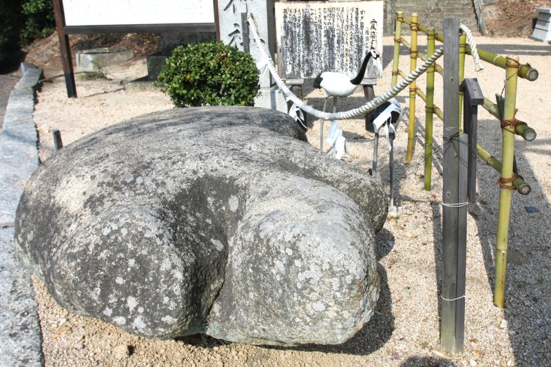 狛犬の代わりとして鳥居前にある「亀石」は、長寿や縁結びの亀と言われている。