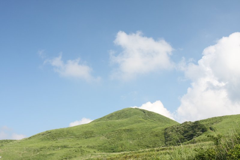 青々とした緑に覆われた夏の塩塚高原。見上げると天に届きそうな大草原に圧倒される。