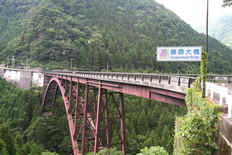 銅山川にかかる巨大な鉄橋は、深い谷をまたぎそびえるように建ち、赤く塗られた橋脚が渓谷の緑に映えて美しい。