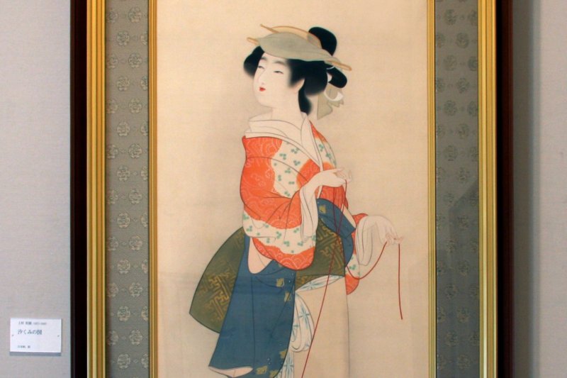 歌舞伎のワンシーンを描写した上村松園作の「汐くみの図」は、絹に繊細なタッチで描いた珠玉の名作。
