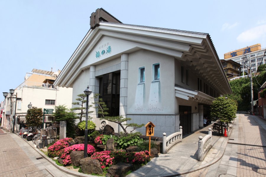 建物の壁面の「からくり絵」には、椿の湯の文字と窓から椿の花が温泉に流れ落ちる光景が描かれており、散策する人の目を楽しませてくれる。
