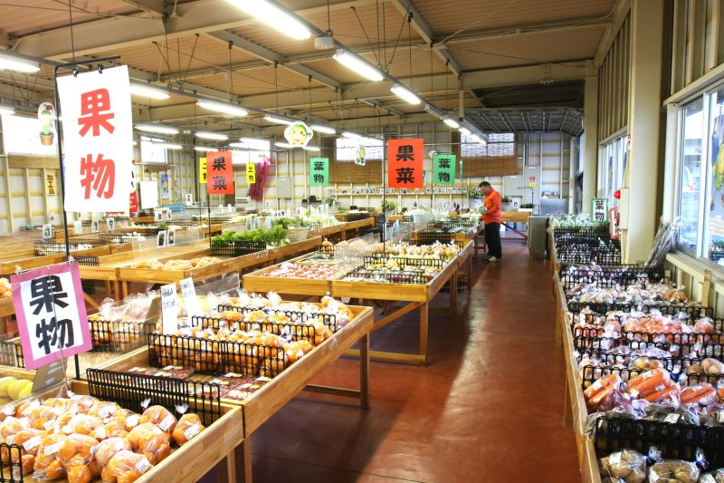 野菜や果物などジャンルごとに分けられた商品がずらりと並ぶ店内。
