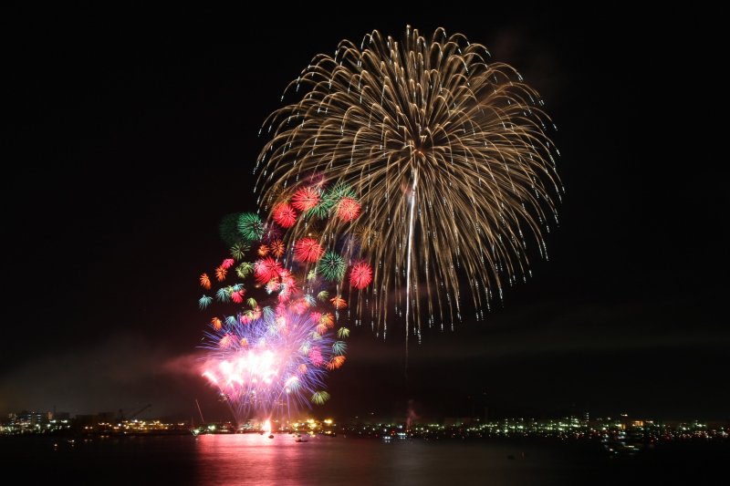 松山の夜空に花開く大輪の華と、可憐で色鮮やかな小花が一斉に咲く千輪菊は花火師が群青色の夜空に描く芸術！