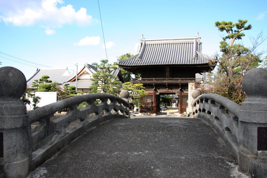 門前を流れる小川の土手より境内が低地にあるため、石段を下って参道に至る珍しい寺院である。 