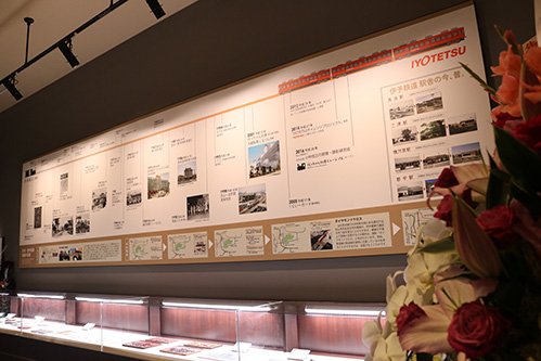 歴史が刻まれた年表と展示物で、伊予鉄道の歴史を体感できる。