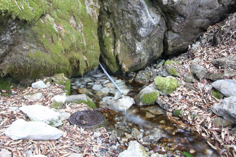 遊歩道沿い途中の白亜の湧水は、カルスト台地から止めどなく湧き出る大自然の贈り物。