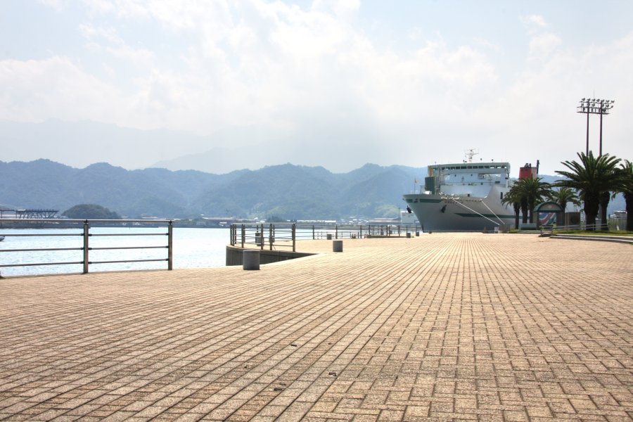 新居浜東港に隣接しており、客船の発着を見ることができる散歩道。早朝からジョギングやウォーキングを楽しむ人々もいる。