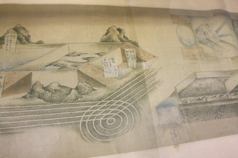 明治30年の水産博覧会に出品した、非常に精巧で緻密な塩田説明図の巻物。