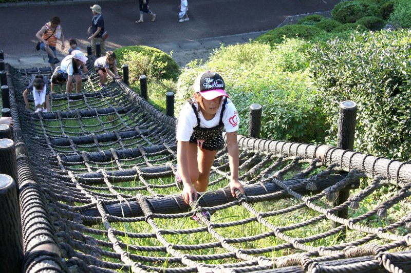 駐車場から遊具広場に行くまでの近道であるロープ遊具では、子供たちが嬉しそうに駆け上る。
