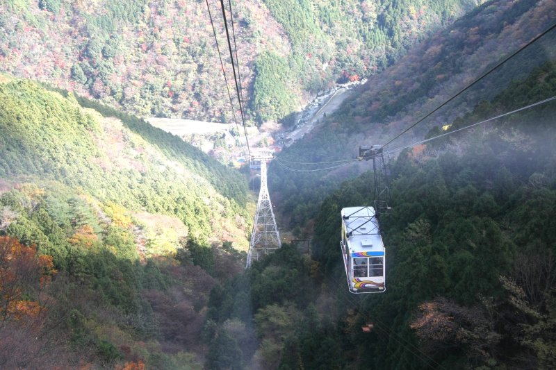 切り立った山肌を風に揺れながら、石鎚山の中腹を目指して進んで行くロープウェイ。