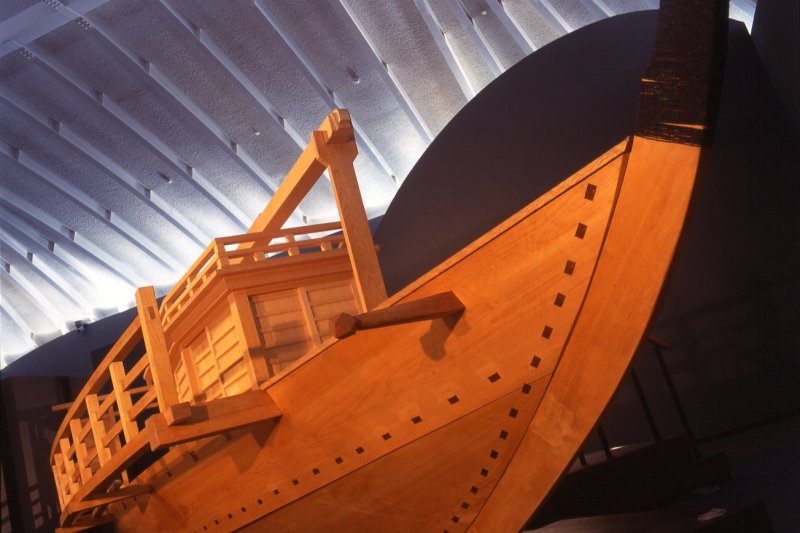 戦国時代の小早（こばや）と呼ばれる舟。小型の軍船。（原寸復元）