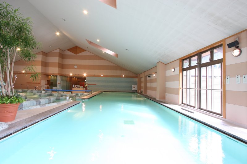 水中運動教室などの各種プログラムが行われている全長20mの開放的な温泉プール。