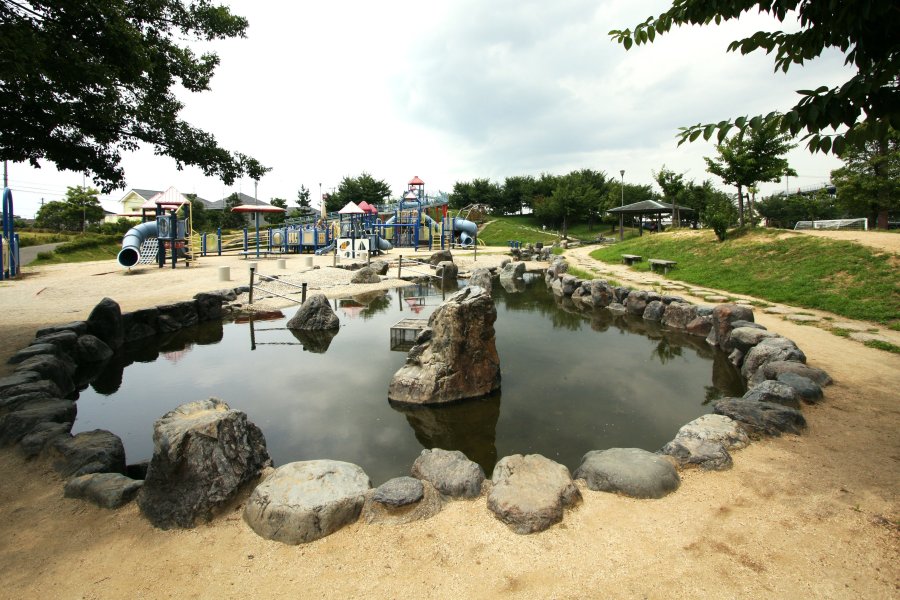 公園の入口にある小さな池。夏場には、水遊びを楽しむ子供たちで賑わう。