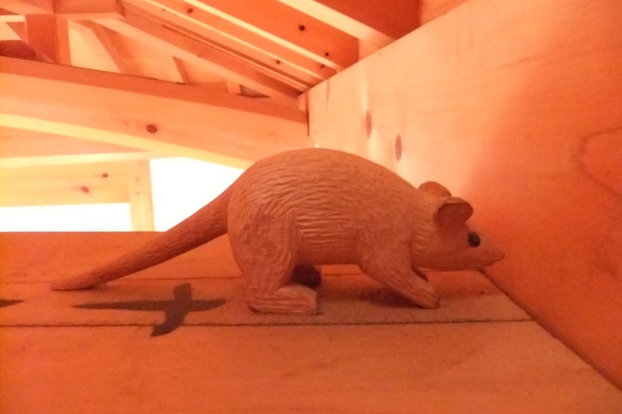 天守４階の梁の上におかれているネズミの写真。以前、マスコミに紹介されて話題になりました。このネズミは、大工さんがネズミのいる船は沈まないという言い伝えなどから験を担いでこっそりと置いたそうです。