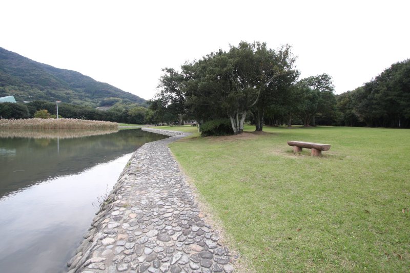 淡水池と隣接している青々とした芝生が広がる広場。