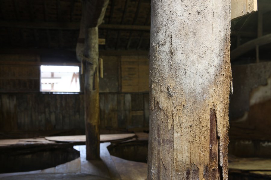 もろみ造りの歴史を物語るように蔵の中や柱には麹菌が付き、伝統ある蔵でしか出せない独特のまろやかな味を造っている。