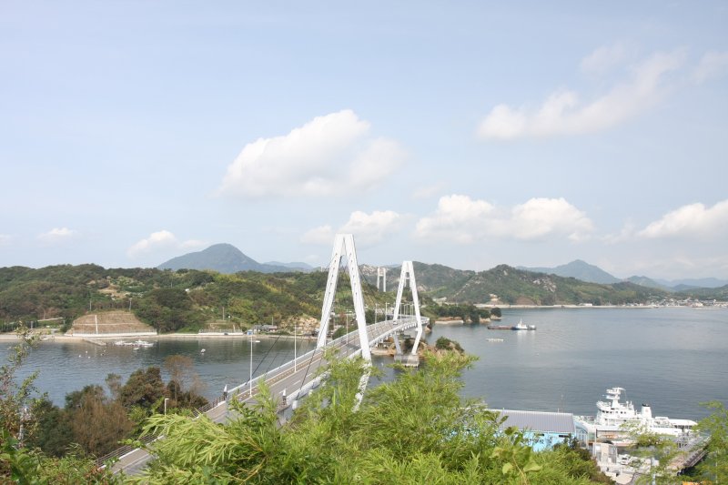 弓削島と佐島をつなぐ斜張橋である弓削大橋が望める。青い海と緑豊かな島々の風景に真っ白な弓削大橋が映える。