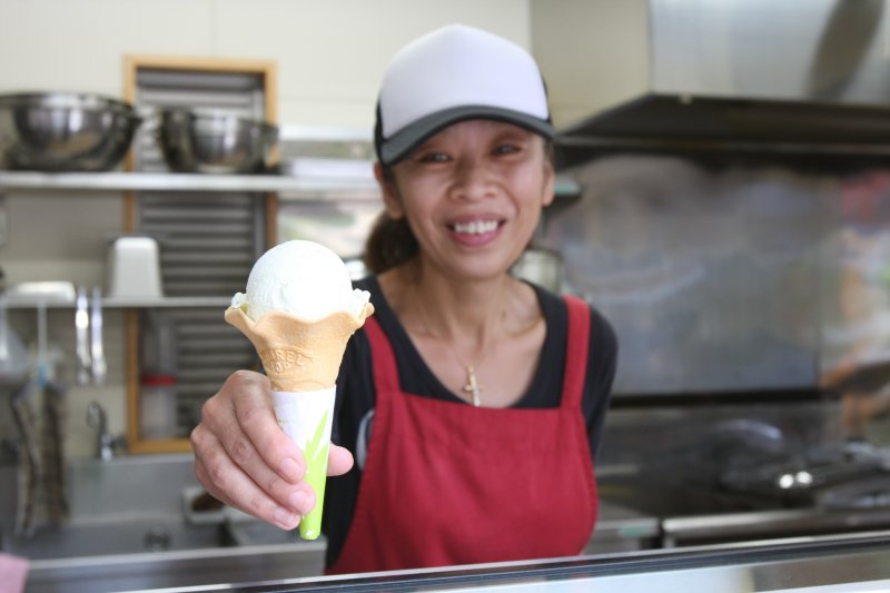 涼を感じるミニ盆栽「こけ玉」。小田で採れた山野草や紅葉など四季折々の変化を楽しめる。