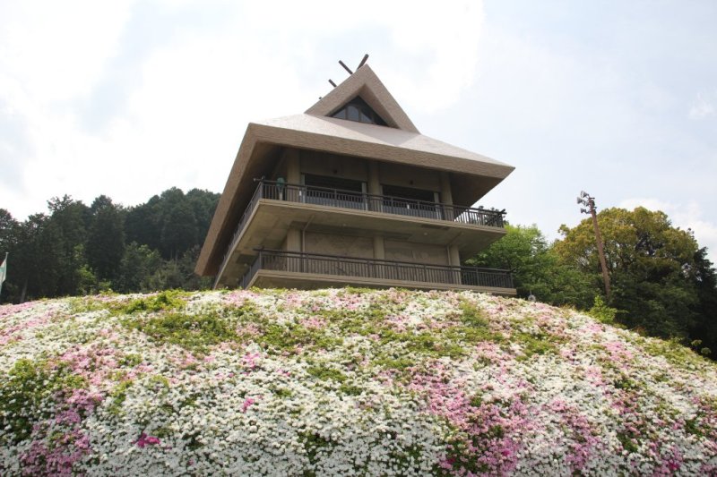 考古歴史館の外観である。周辺にはつつじが植えられており、開花時は満開のつつじを楽しめる。