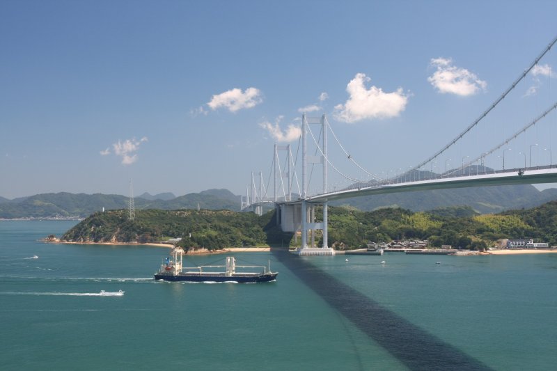 巨大な橋の下を行き交う大小の船舶を一望できる絶景スポット。