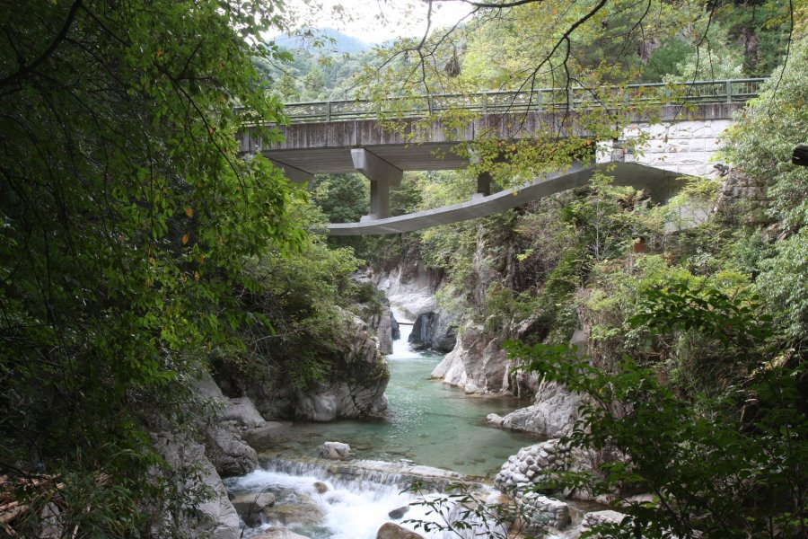 自然溢れる渓谷美の中に建つ橋脚は、景観を損なわない工法で建てられている。